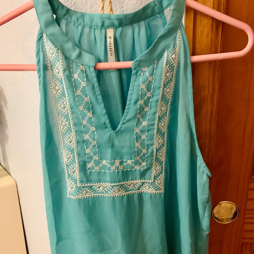 Aqua Blue Embroidered Tank Top